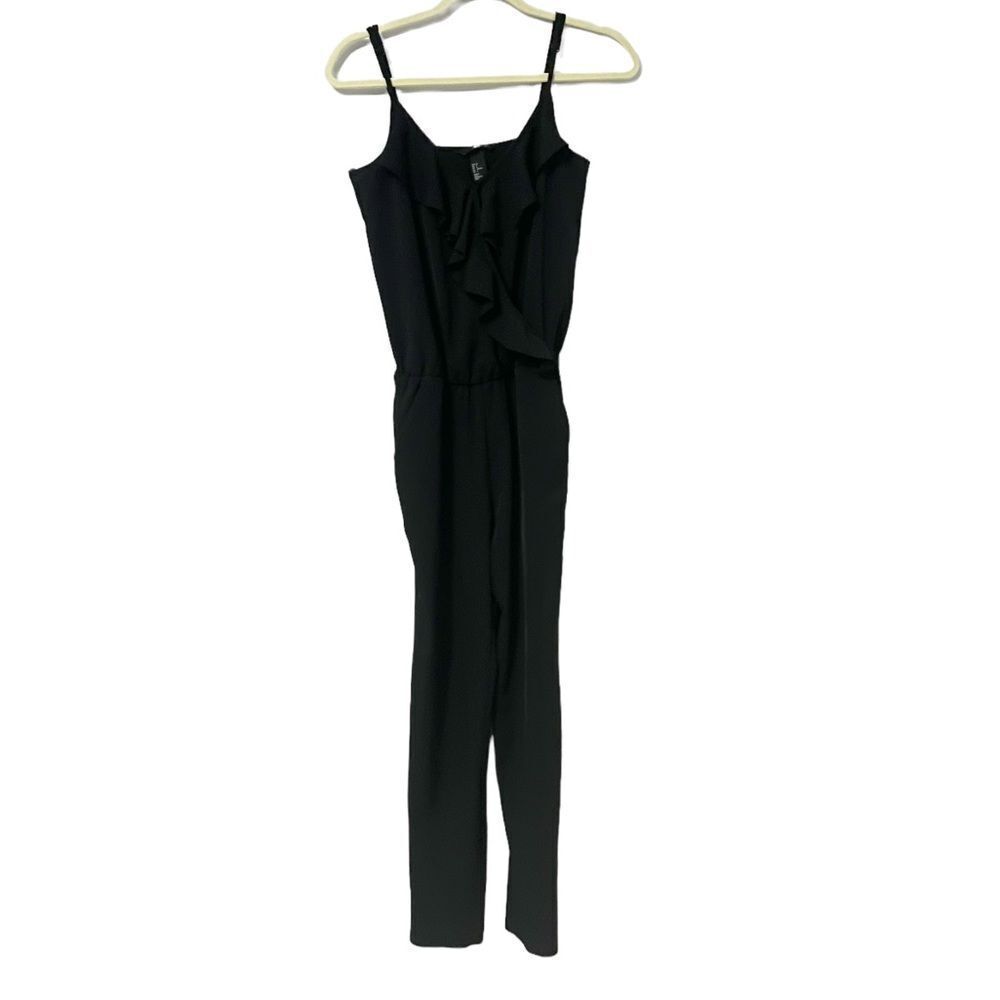 H&M Black Spaghetti Strap V Neck Ruffle Front Jumpsuit Size 4